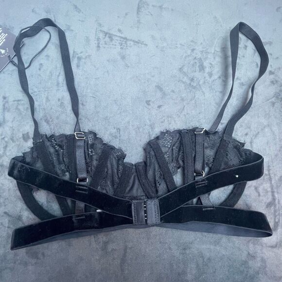 Thistle and Spire Sidney Open Cup Bra Womens 32DD Black Velvet Strappy Revolve - Picture 4 of 7
